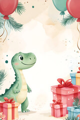 Cute dinosaur with balloons and gifts in festive background