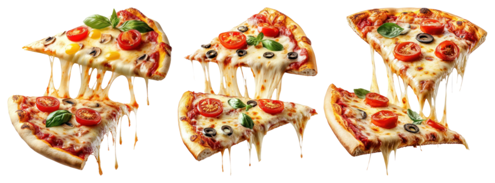 PNG Delicious cheesy pizza slices, element set on transparent background