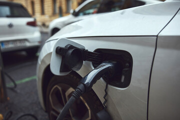 Charging electric vehicle on a public charger.