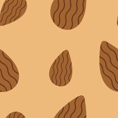 Seamless vector almond pattern background. Seamless pattern featuring vector almonds with wavy texture, ideal for packaging, textile design, or healthy food branding.
