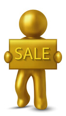 Glossy golden 3D stick man holding a SALE board, Realistic vector icon for discount, promotion, shopping, and retail concepts. Stickman, SALE, gold, 3D, board, discount, vector, icon, promo, glossy