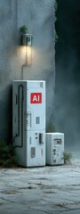 Artificial Intelligence Cooler Against Textured Wall with Overgrown Foliage and Dramatic Lighting