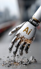 Close Up of Robotic Hand with Glittering Particles Breaking Apart Concrete Surface