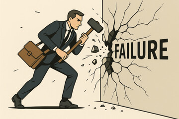 Businessman breaking failure wall with hammer. Success breakthrough concept. Determination overcoming obstacles barriers. Business perseverance achievement motivation leadership.