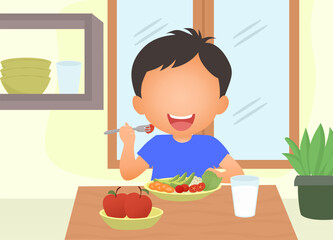 Kid having healthy food. Happy boy enjoy eating breakfast with fresh veggies and fruit, accompanied by a glass of milk
