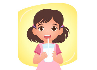 healthy little child holding glass of fresh milk with straw