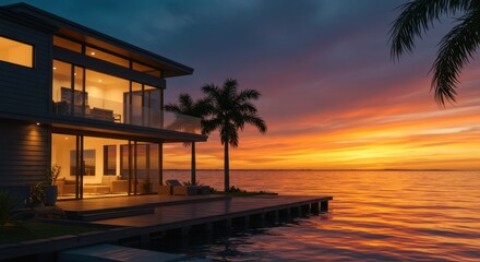 Waterfront House at Sunset with Palm Tree