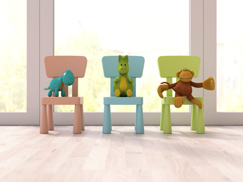 Colorful toy animals on wooden chairs in a bright nursery setting