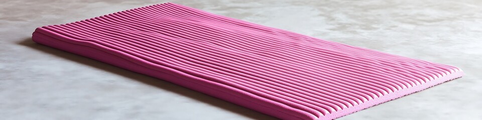 Glossy pink yoga mat with ribbed detailing isolated on a soft grey backdrop