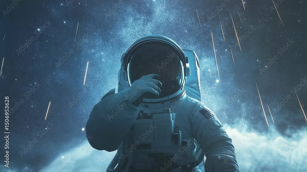 Poster astronaut wearing protective spacesuit gesturing near face mask, surrounded by falling meteorites an