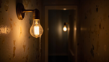 Vintage light bulb hanging in dimly lit hallway with peeling walls  