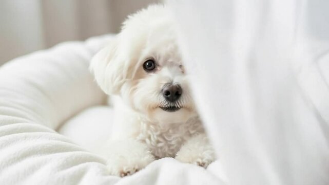Cute bichon frise puppy dog portrait on white bed looking at camera adorable pet photography breed guide
