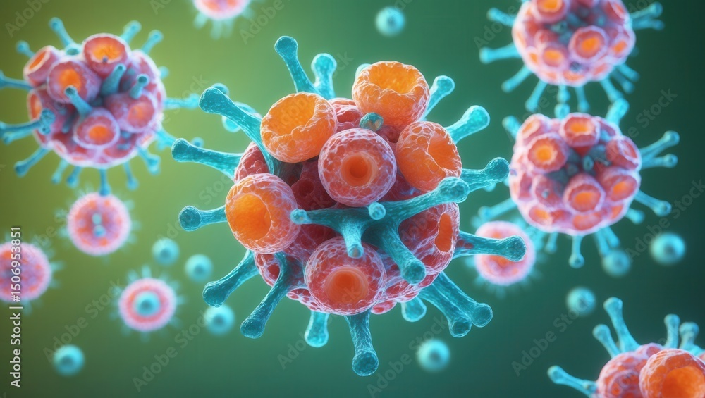 Poster illustration of a virus particle with spiked surface structure in vibrant colors on a green backgrou