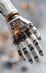 Futuristic Robotic Hand with Exposed Mechanisms and Sparks Against a Blurred Background