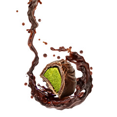 Dubai chocolate truffle with fudgy pistachio cream and crunchy kataifi, 3D splash, premium design....