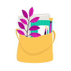 Artist's shopper bag with paints, folder and brushes on white background. Illustration for art stores or plein air lovers. Flat vector illustration.
