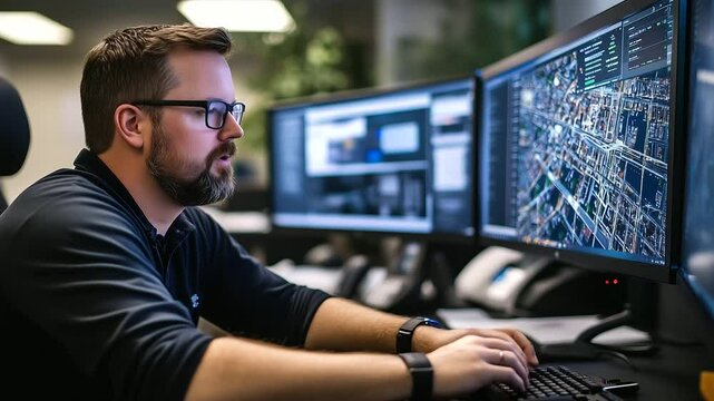 A transportation infrastructure expert in a modern office, deeply engaged in refining freight logistics and urban planning models on his two-screen setup.
