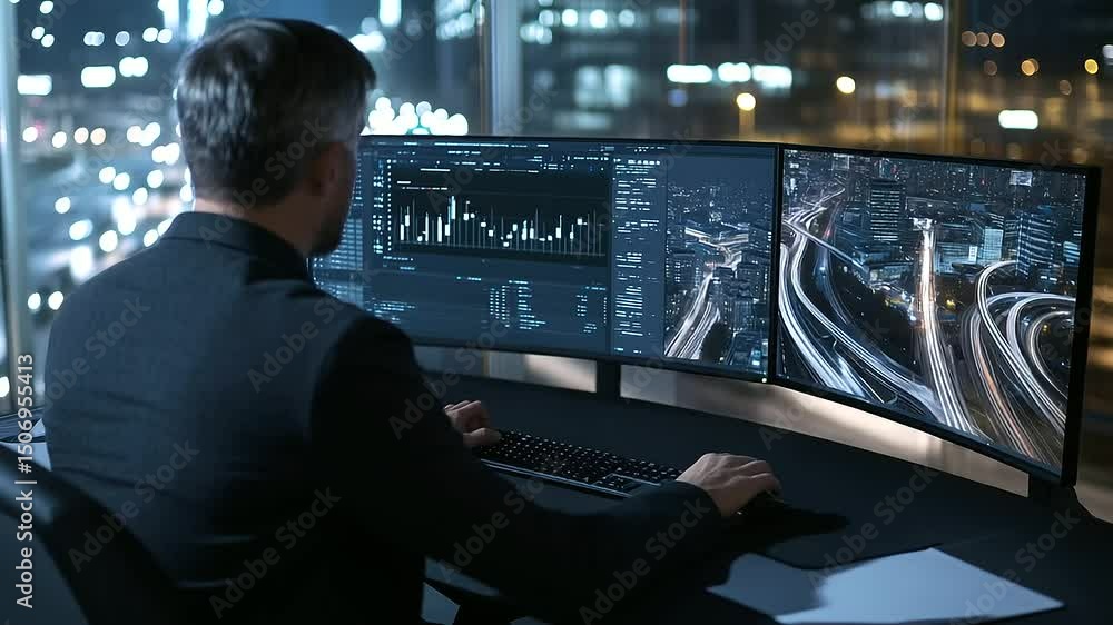 Poster a man in a smart-casual outfit working at his desk, using dual monitors to simulate public transit e