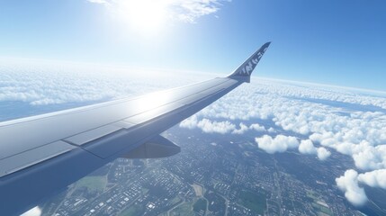 Fototapeta premium Airplane wing, sunny flight, coastal cloudscape, aerial view, travel