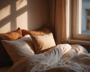 Warm natural light streaming through a window onto an unmade bed with soft pillows and blankets in earthy neutral tones.
