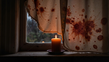 Candle lit on windowsill with stained curtain in moody ambiance  