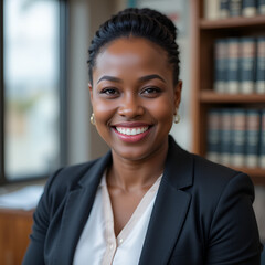 Portrait, smile and lawyer with business black woman in office for advocate, confidence and attorney clerk. Professional, legal counsel and opportunity with employee in law firm of Kenya for career
