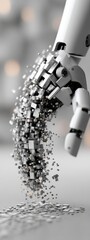 Robot Hand Transforming Into Shattered Digital Particles Over Soft Background