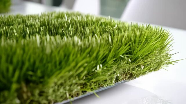 Close-up of artificial green turf on white surface, showcasing dense synthetic grass blades and the durable backing material in a square format.