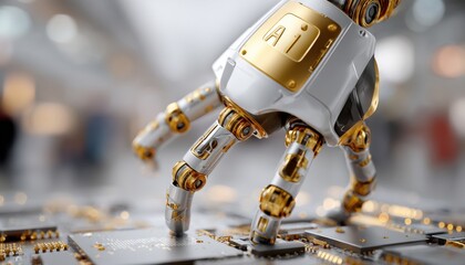 Robotic Hand Interacting with Computer Microchip Components in a Futuristic Environment