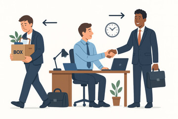 Business workplace transition concept. Employee fired leaving office with box while new hire shakes hands. Job replacement, hiring firing process. Career change professional