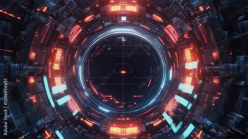 Poster luminous orange and blue lights revealing intricate mechanical structures surrounding circular porta