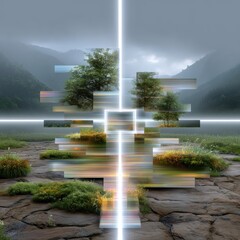 Surreal Landscape with Fragmented Reflections in Misty Mountain Setting