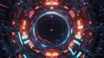 Luminous orange and blue lights revealing intricate mechanical structures surrounding circular portal opening in deep cosmic space with potential interdimensional gateway details - Powered by Adobe