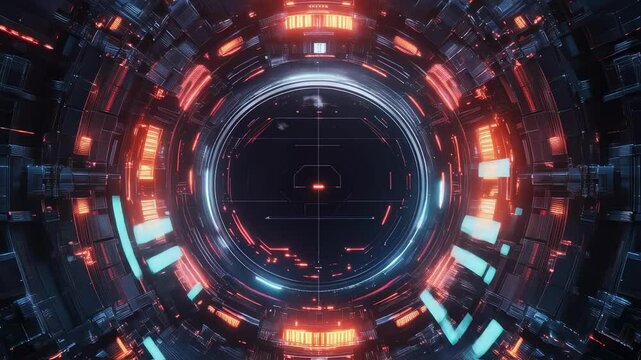 Luminous orange and blue lights revealing intricate mechanical structures surrounding circular portal opening in deep cosmic space with potential interdimensional gateway details