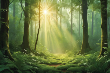 golden rays cascade through verdant tapestry of a lush woodland, casting ethereal patterns of luminescence upon enchanted forest floor	