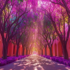 A beautiful pathway lined with flowering trees and sunlight