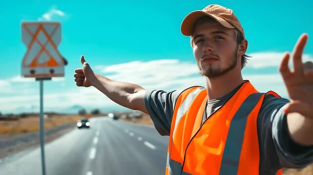 A friendly young man in a cap and orange safety vest, holding a traffic sign and directing vehicles at a road construction site.