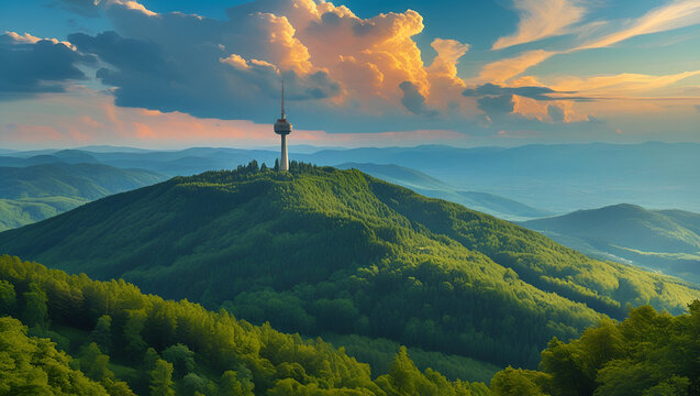  K&eacute;kestető mountain and the TV tower from Galyatető mountain. Summer landscape of the M&aacute;tra mountains in Hungary with beautiful clouds.
