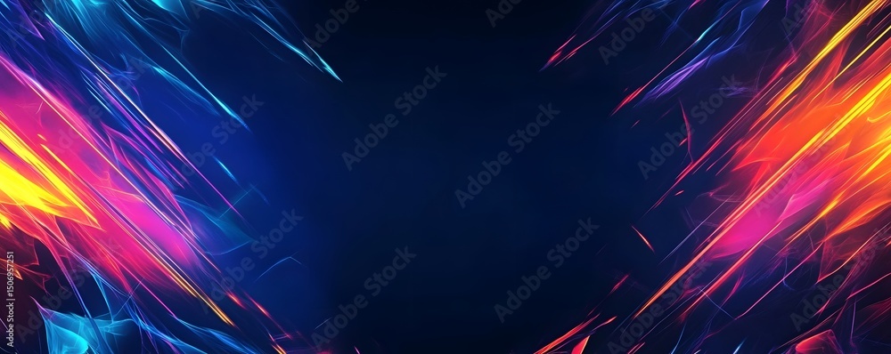 Poster abstract blue background with colorful neon light rays and speed lines, empty space in the center, d