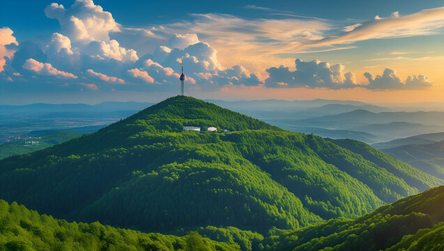  K&eacute;kestető mountain and the TV tower from Galyatető mountain. Summer landscape of the M&aacute;tra mountains in Hungary with beautiful clouds.