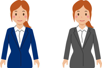 両手を下ろし、すまし顔のポニーテールの若い女性。スーツ姿の上半身