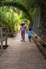A woman and a child are walking down a path in a forest. The woman is holding the child's hand