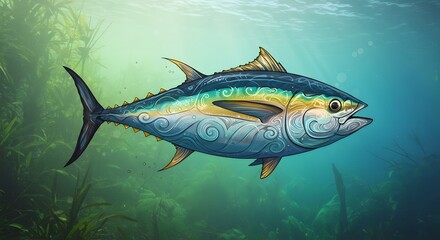 An abstract representation of a tuna swimming in clear water on nature background