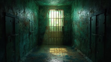 Obraz premium Gloomy Prison Corridor: A Dark and Moody Image of a Desolate Prison Cell Block