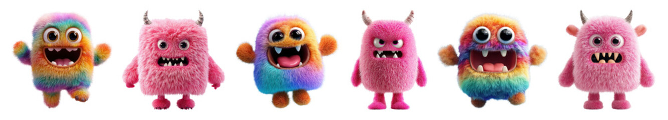 PNG Colorful fuzzy monster toys lineup, element set on transparent background