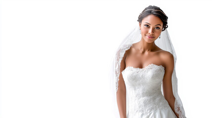 Elegant bride wearing a  wedding dress isolated on white, copy space
