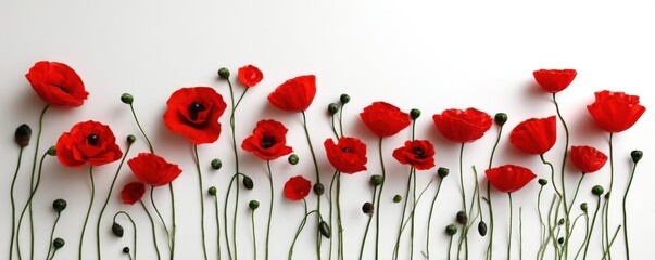 Bright red poppies with green stems and buds are arranged artistically against a plain white background.