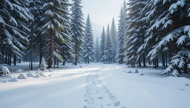 Walking Trail Through a Snowy Winter Forest with Tall Pine Trees