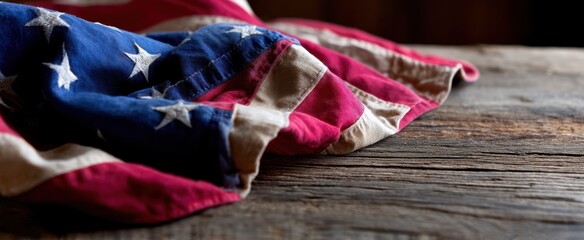 The American flag elegantly draped over a rustic wooden surface.