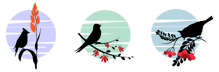 Nature landscape with birds silhouettes. Birds on branches set. Vector illustration.